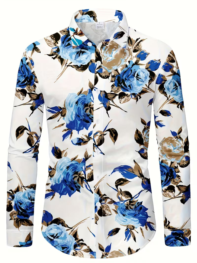 Blake | Floral Print Button Up Shirt White Blue