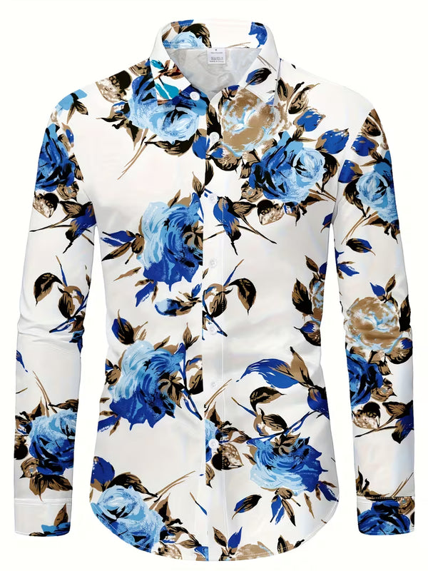 Blake | Floral Print Button Up Shirt White Blue