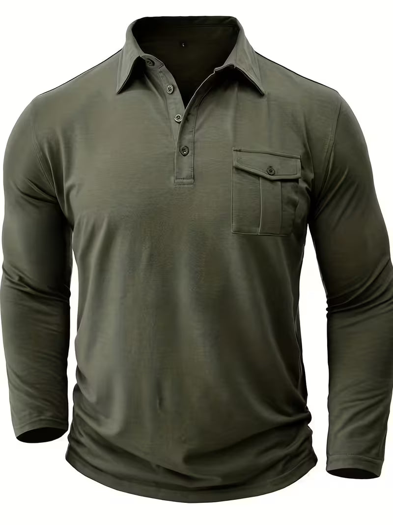 Theo | Casual Polo Shirt Olive Long Sleeve Chest Pocket