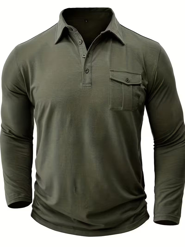 Theo | Casual Polo Shirt Olive Long Sleeve Chest Pocket