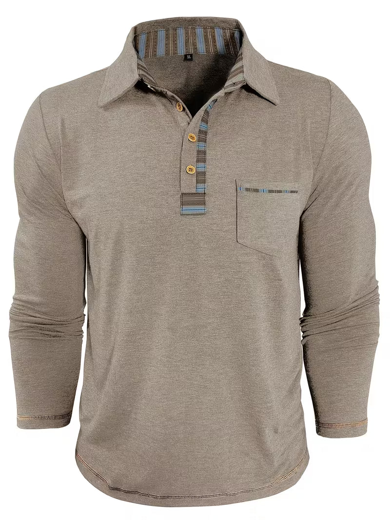 Jack | Casual Henley Polo Shirt Beige Striped Pocket