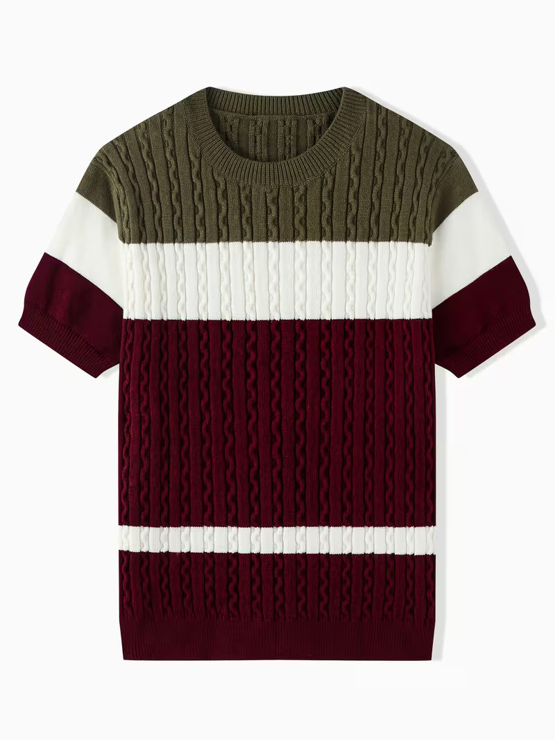 Blake | Cable Knit Sweater Olive Burgundy Cream Colorblock