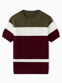 Blake | Cable Knit Sweater Olive Burgundy Cream Colorblock