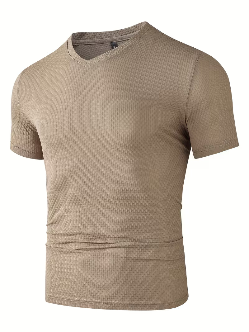 Blake | Textured V Neck Mens T Shirt Cream Short Sleeve