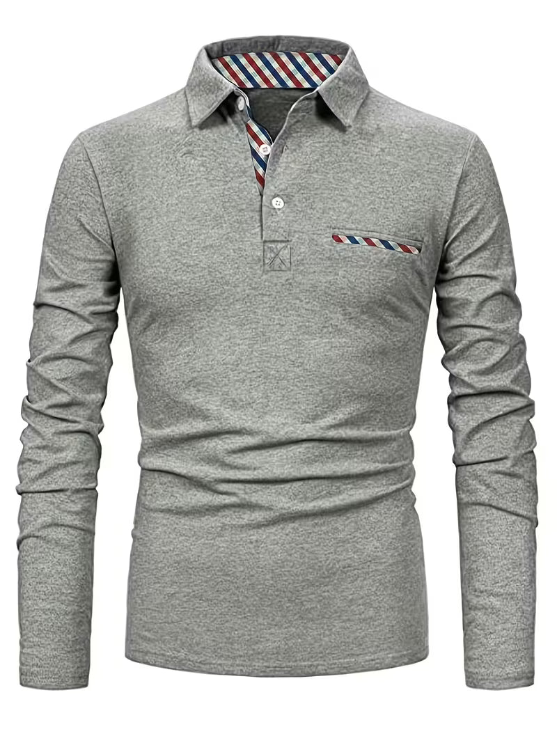 Reed | Mens Polo Shirt Gray Long Sleeve Striped Collar