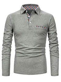 Reed | Mens Polo Shirt Gray Long Sleeve Striped Collar