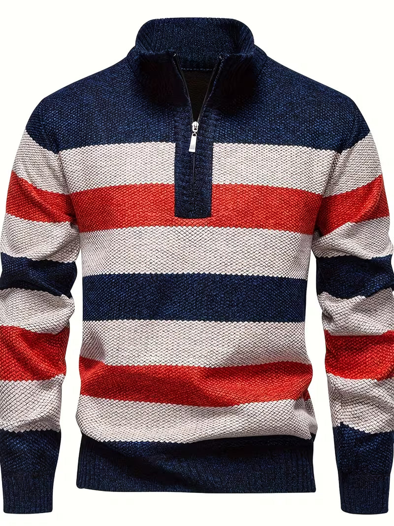 Blake | Quarter Zip Striped Sweater Navy Red Cream