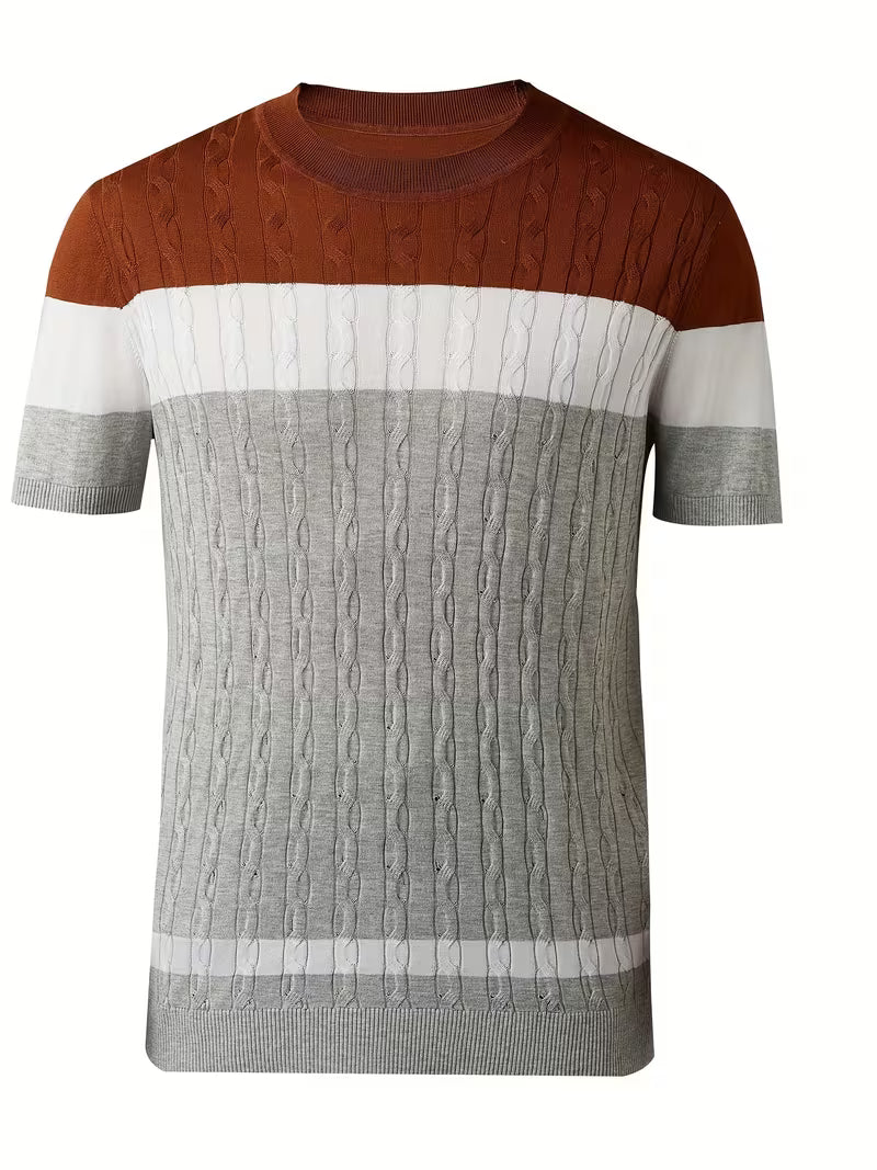 Blake | Cable Knit Colorblock Short Sleeve Sweater Rust Gray Cream