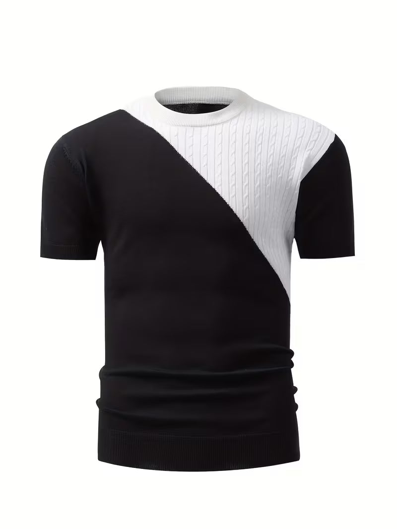 Blake | Geometric Cable Knit Sweater Black White Crew Neck