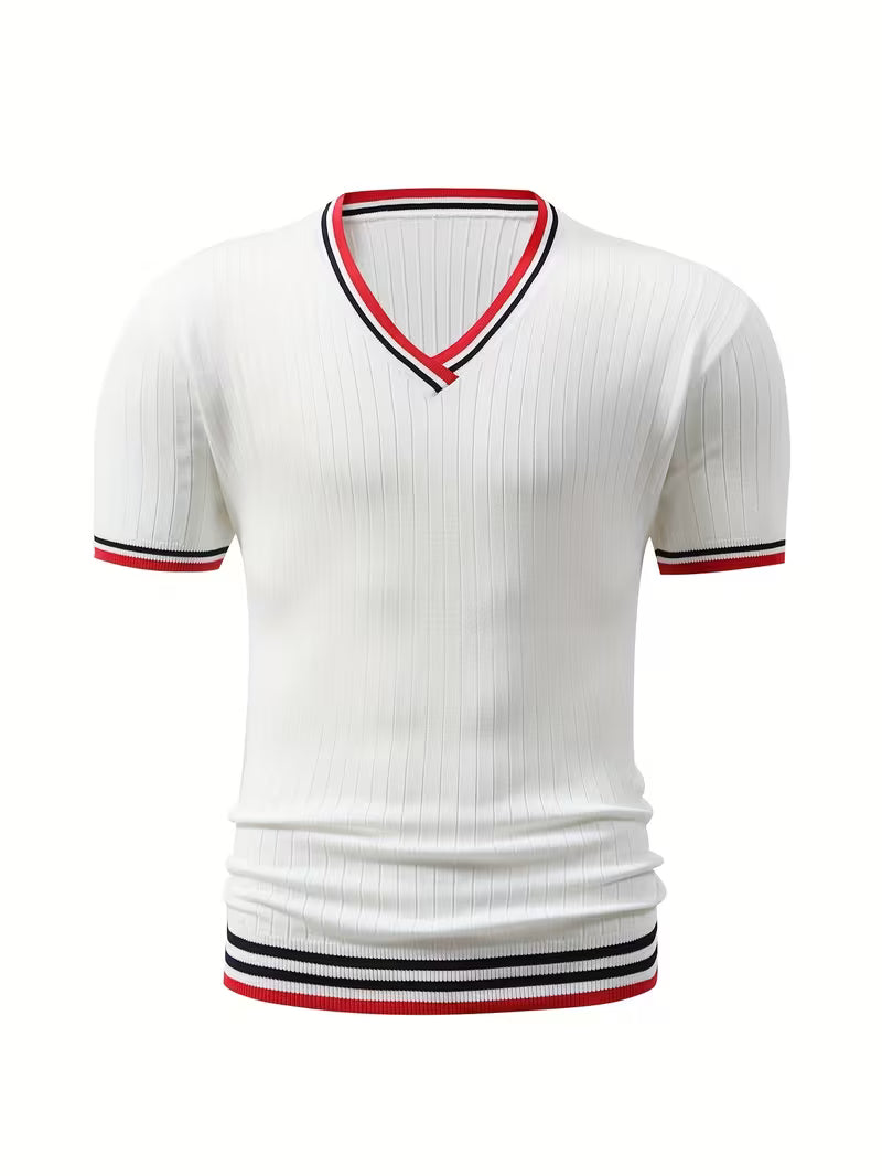 Romy | Preppy V Neck Mens T Shirt White Red Navy Stripe