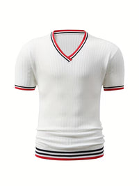 Romy | Preppy V Neck Mens T Shirt White Red Navy Stripe