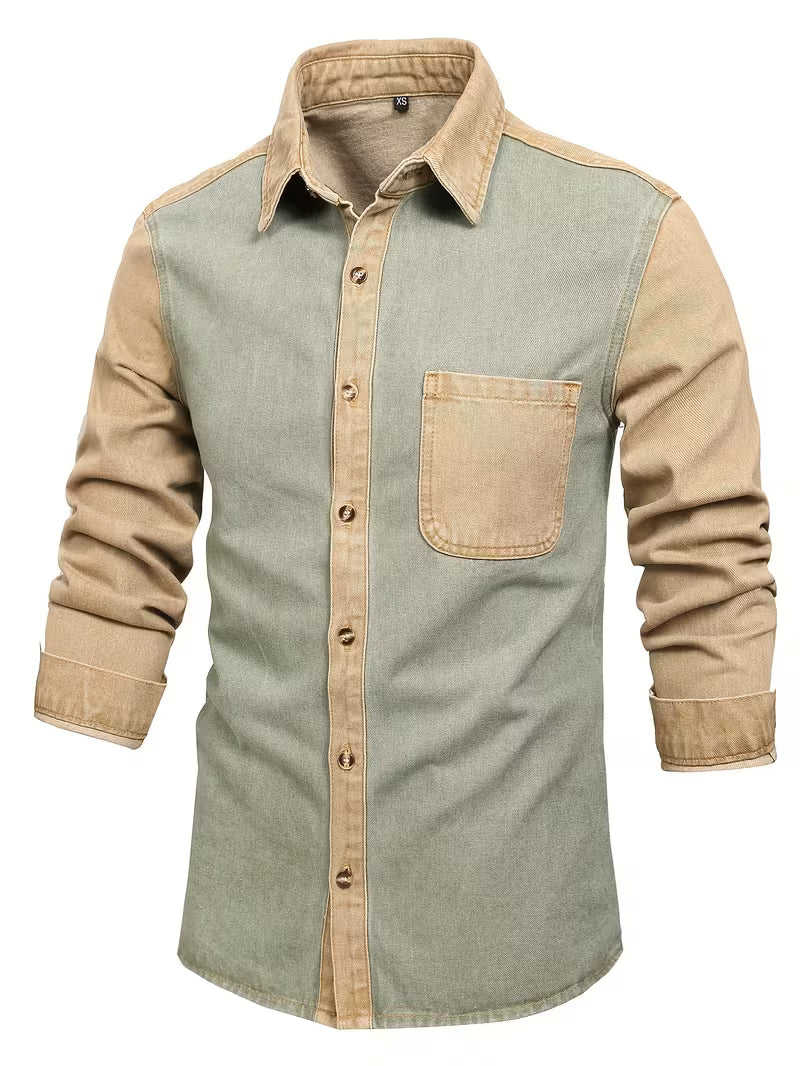 Blake | Casual Denim Shirt Sage Green Tan Colorblock