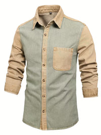 Blake | Casual Denim Shirt Sage Green Tan Colorblock