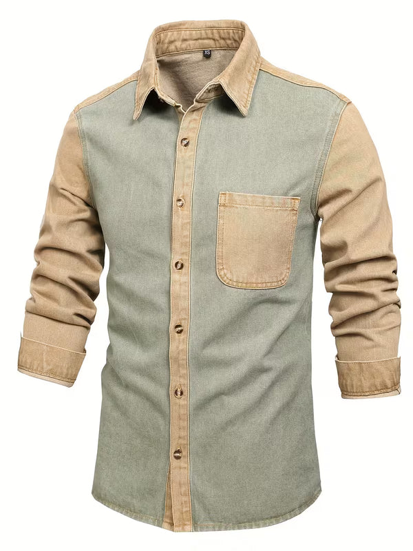 Blake | Casual Denim Shirt Sage Green Tan Colorblock
