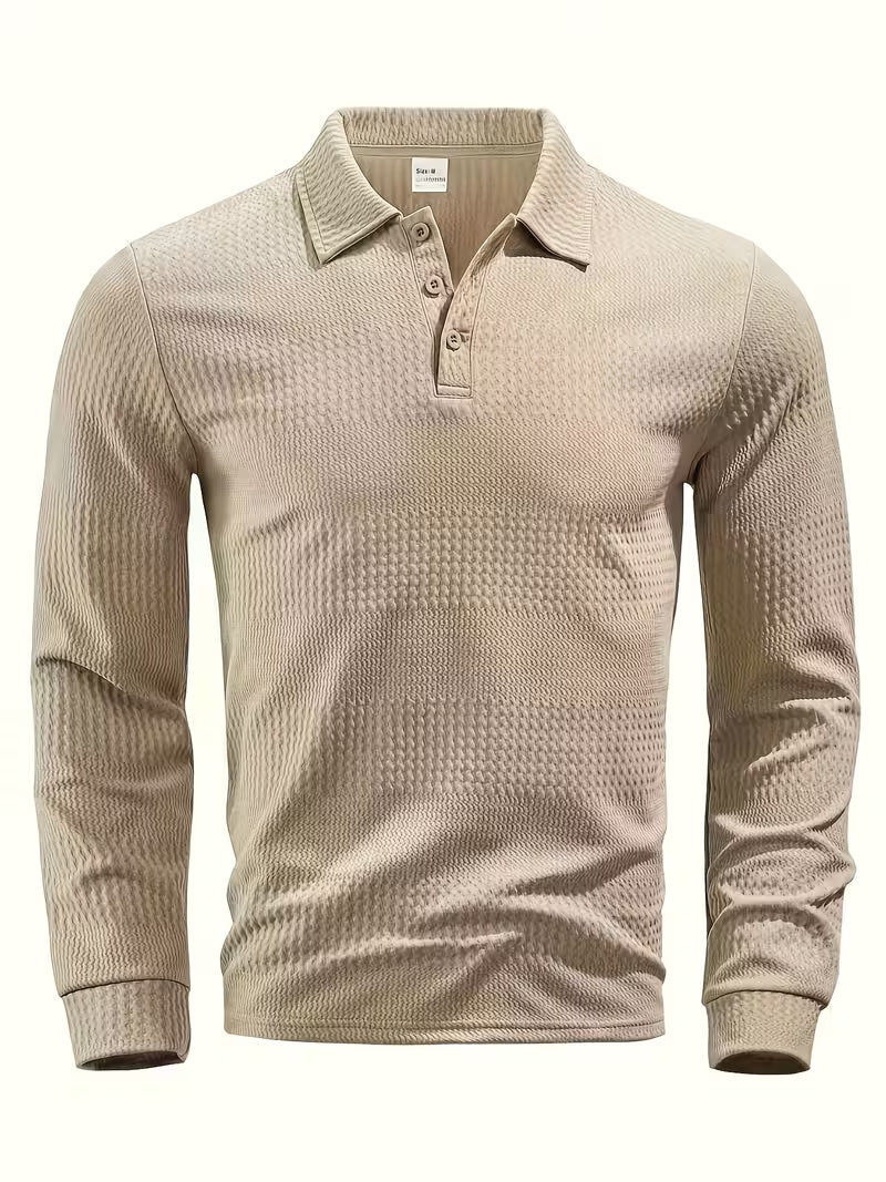 Beau | Casual Waffle Knit Polo Shirt Cream Long Sleeve