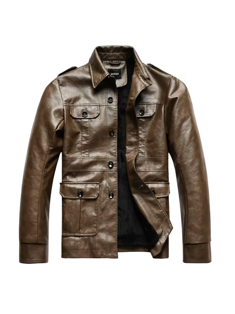 Blake | Casual Leather Jacket Brown Multi Pocket