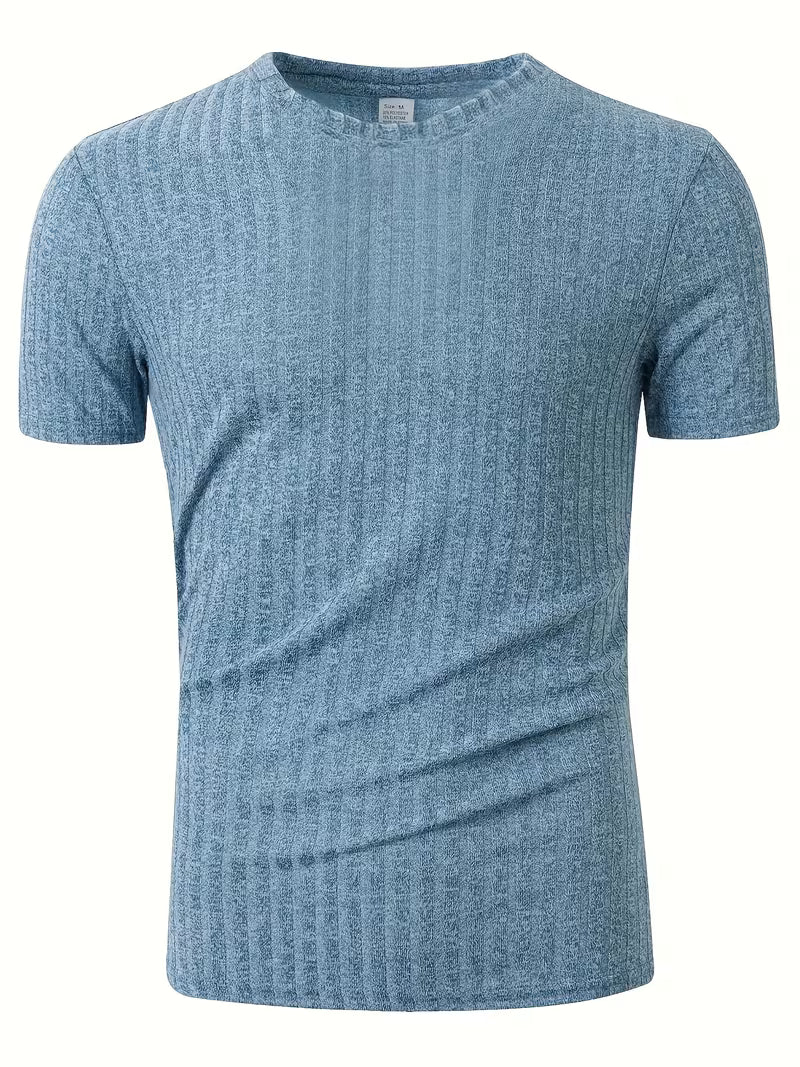 Theo | Casual Ribbed T Shirt Light Blue Crew Neck