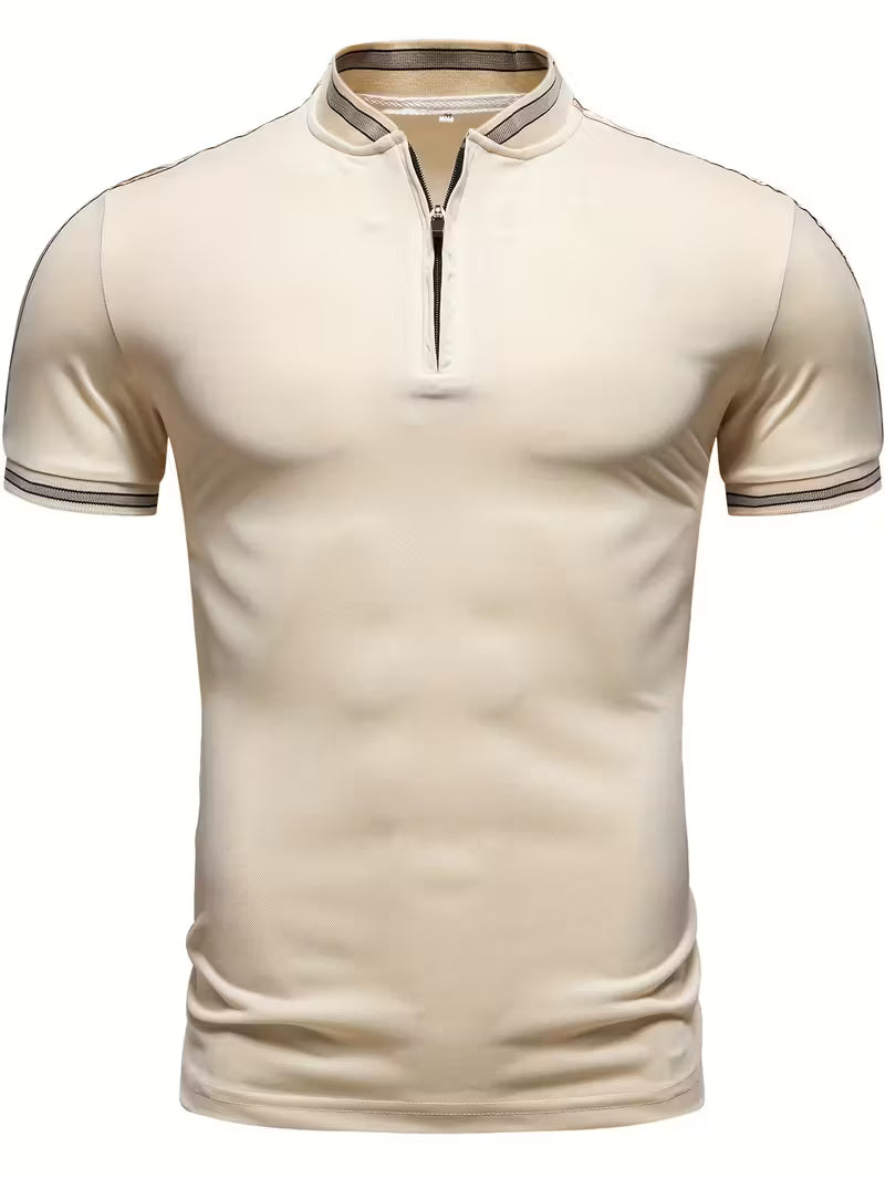 Tate | Casual Zip Polo Shirt Cream Striped Trim