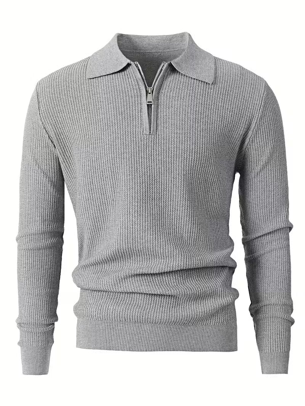 Blake | Ribbed Knit Quarter Zip Polo Sweater Gray