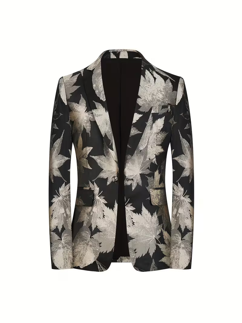 Blake | Floral Print Casual Blazer Black Cream Leaf Pattern