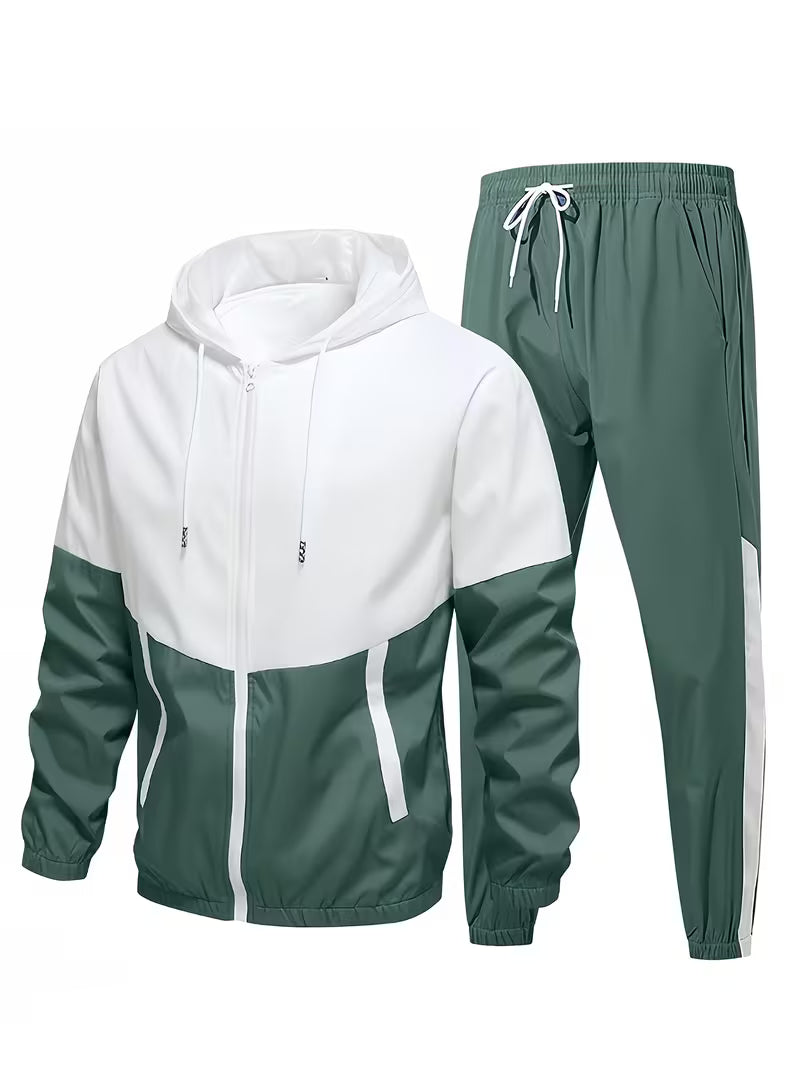 Shaw | Colorblock Zip Up Hoodie Tracksuit White Green