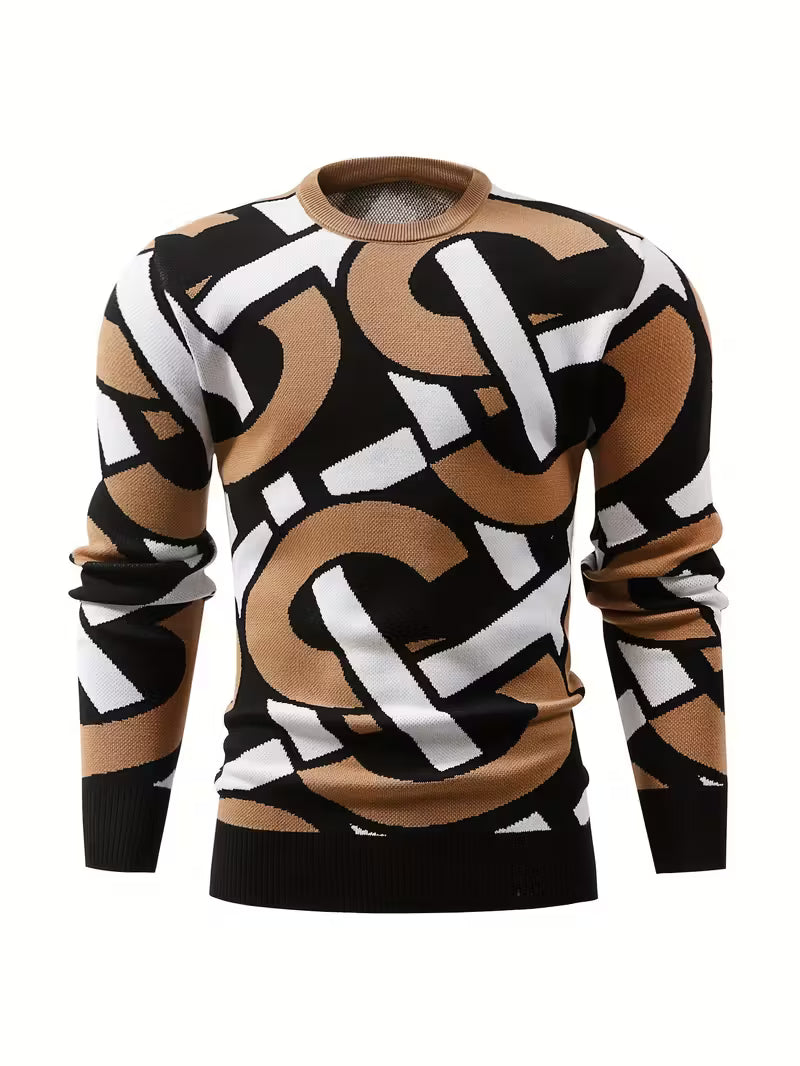 Ivan | Geometric Crew Neck Sweater Black Cream Tan