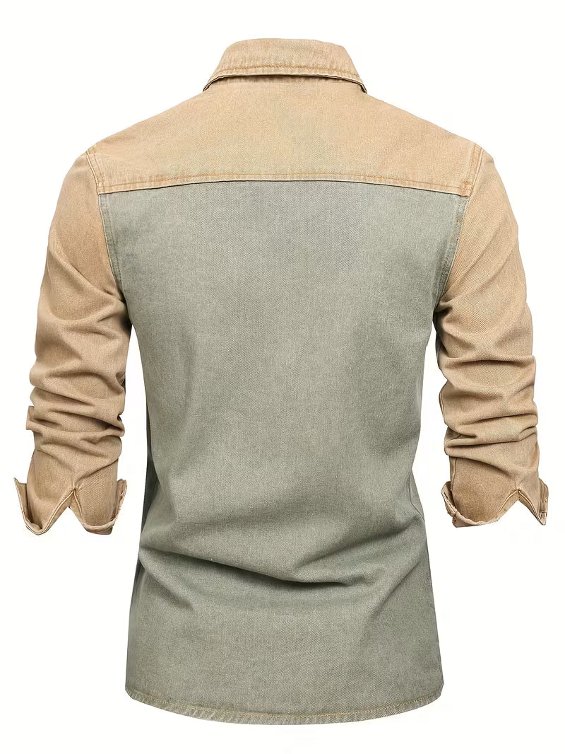 Blake | Casual Denim Shirt Sage Green Tan Colorblock