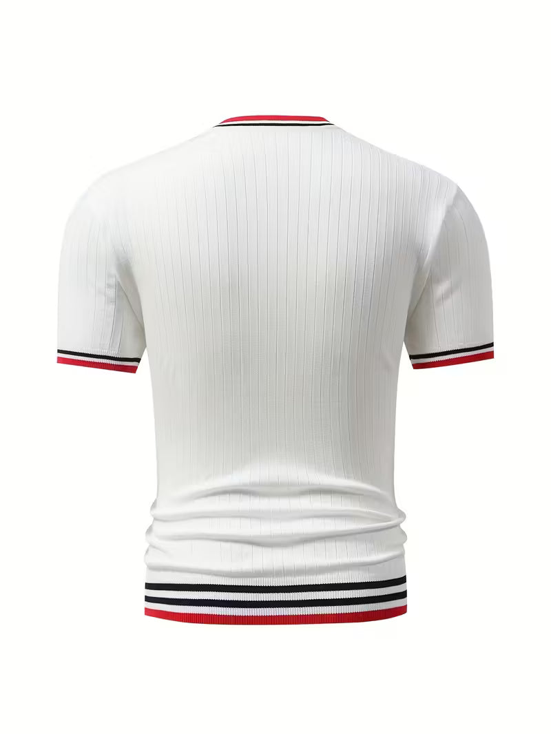 Romy | Preppy V Neck Mens T Shirt White Red Navy Stripe