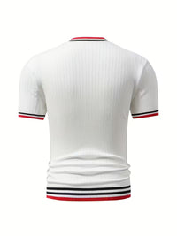Romy | Preppy V Neck Mens T Shirt White Red Navy Stripe