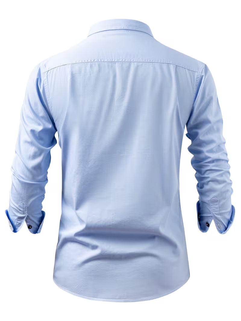 Vance | Mens Button Up Shirt Light Blue Long Sleeve Pocket Detail