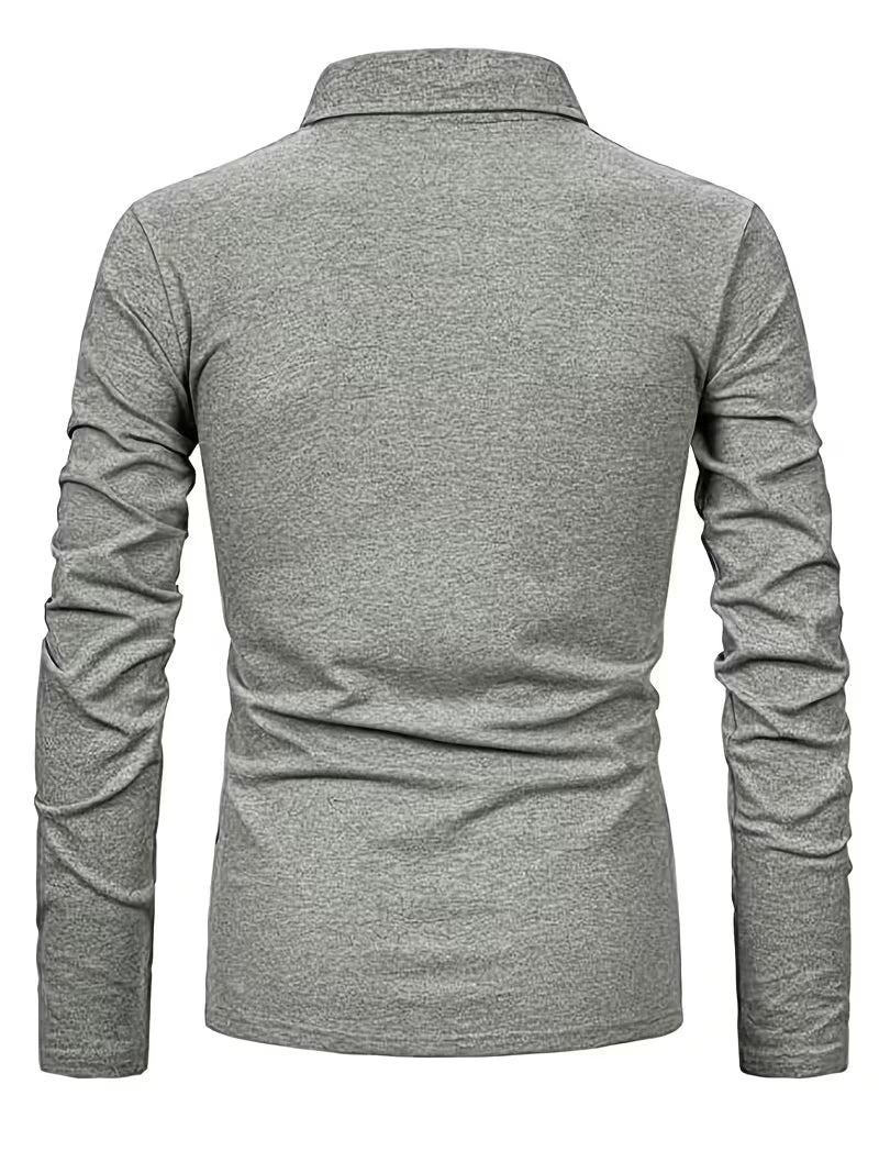 Reed | Mens Polo Shirt Gray Long Sleeve Striped Collar