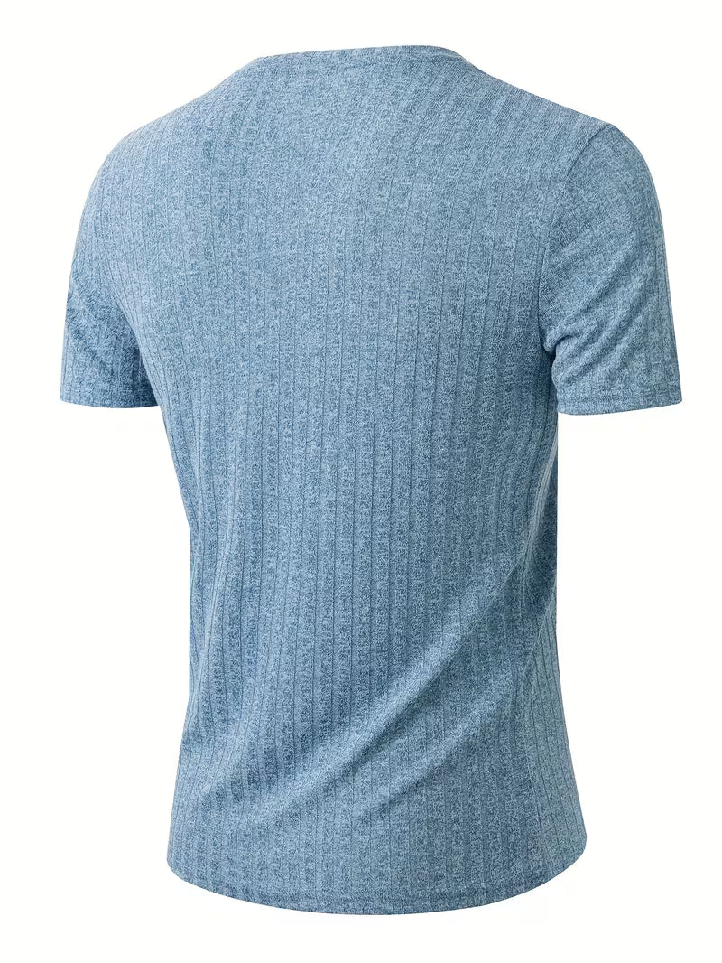 Theo | Casual Ribbed T Shirt Light Blue Crew Neck