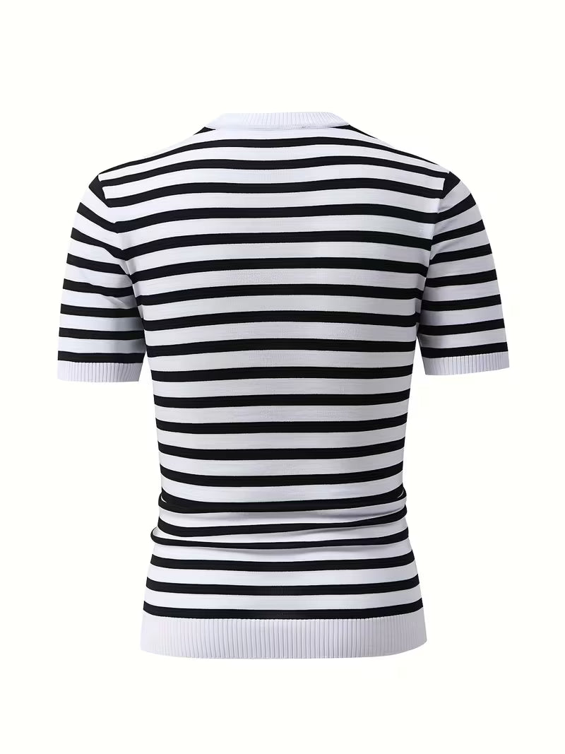 Rowan | Crew Neck Striped Sweater Black White Short Sleeve