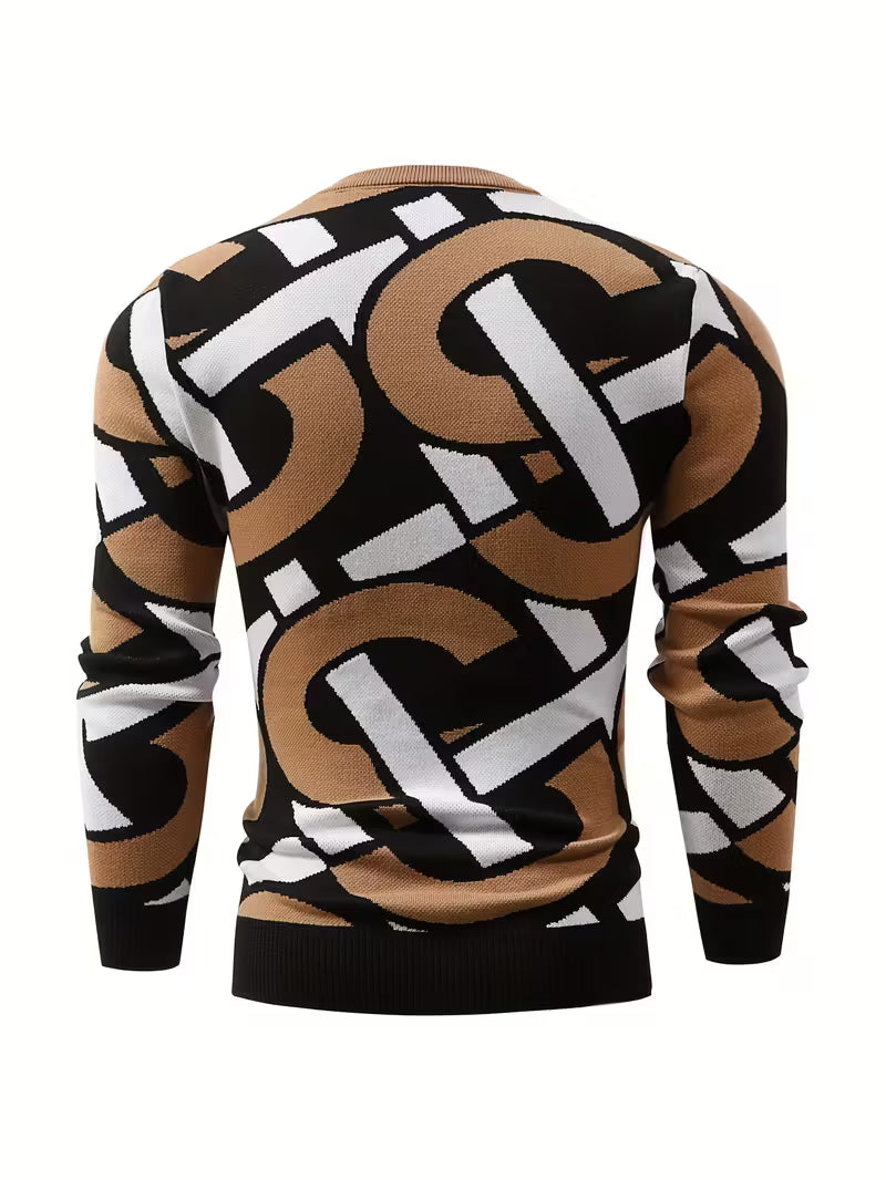 Ivan | Geometric Crew Neck Sweater Black Cream Tan