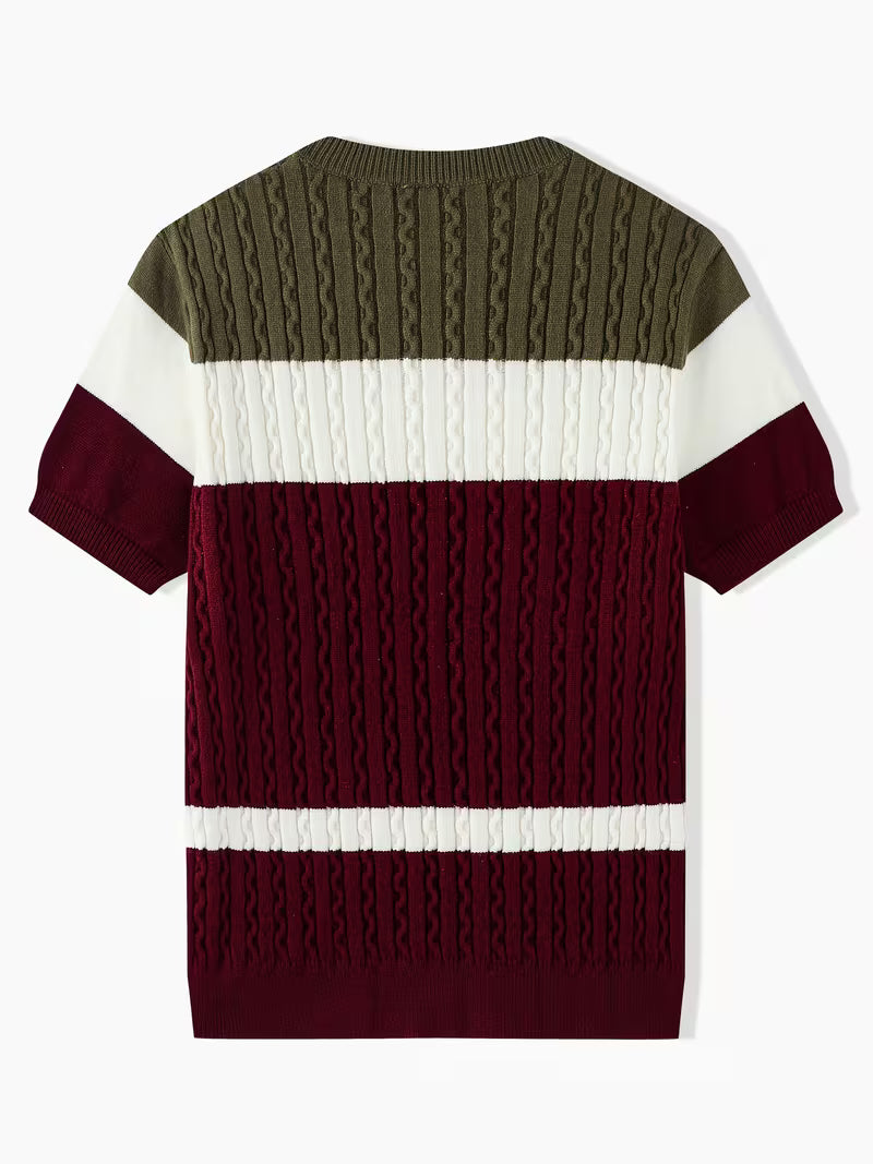 Blake | Cable Knit Sweater Olive Burgundy Cream Colorblock