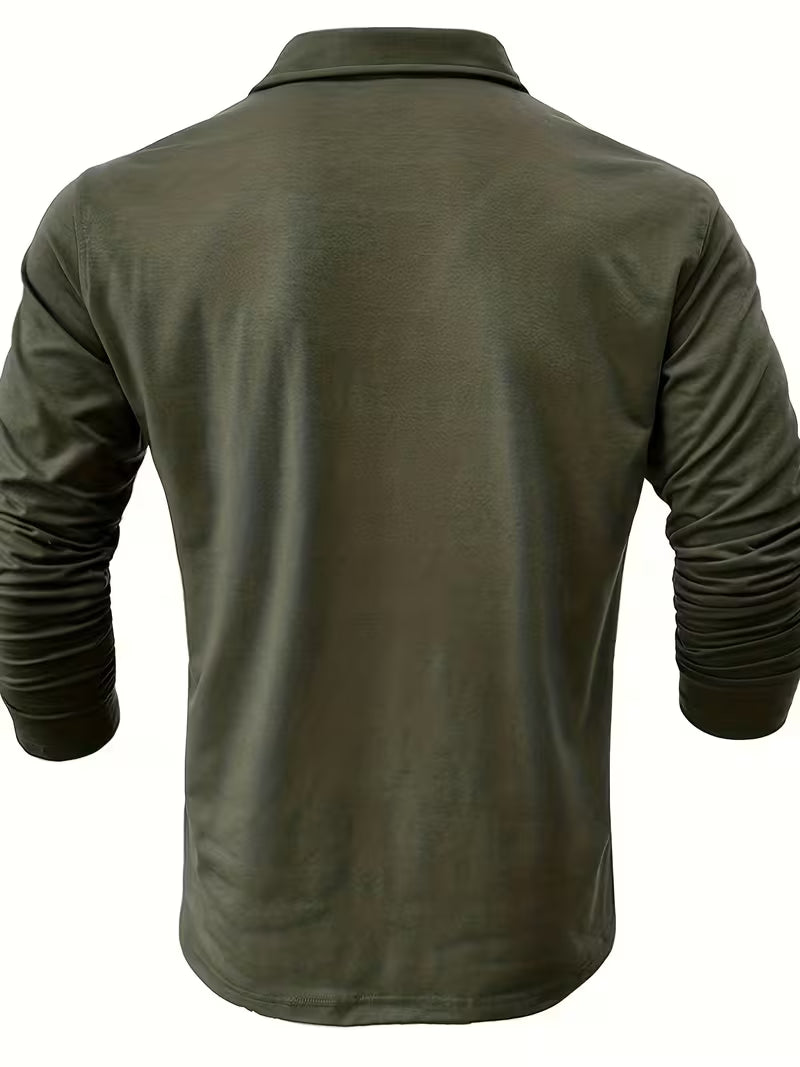 Theo | Casual Polo Shirt Olive Long Sleeve Chest Pocket