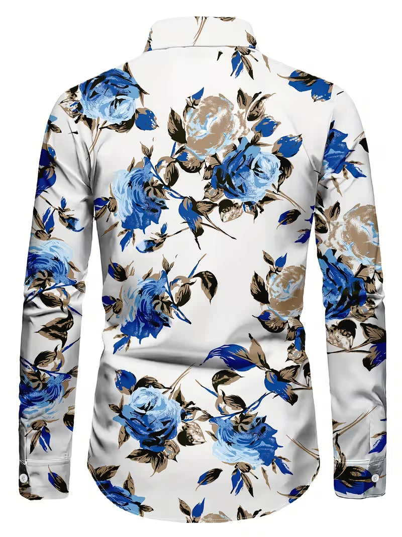 Blake | Floral Print Button Up Shirt White Blue
