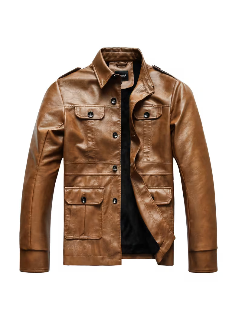 Blake | Casual Leather Jacket Brown Multi Pocket