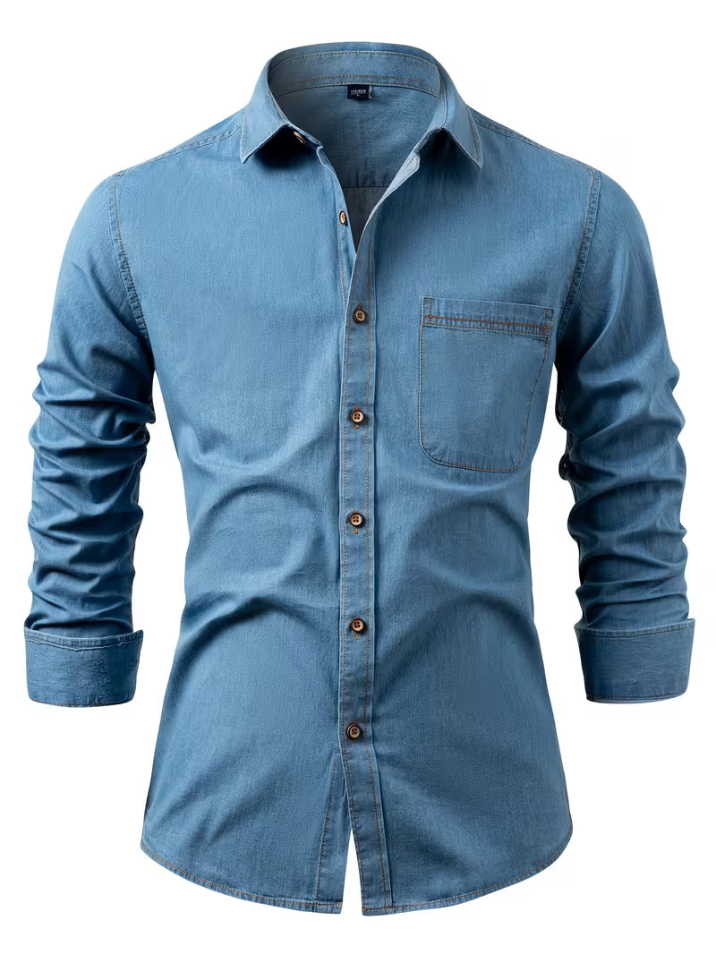 Vance | Mens Button Up Shirt Light Blue Long Sleeve Pocket Detail