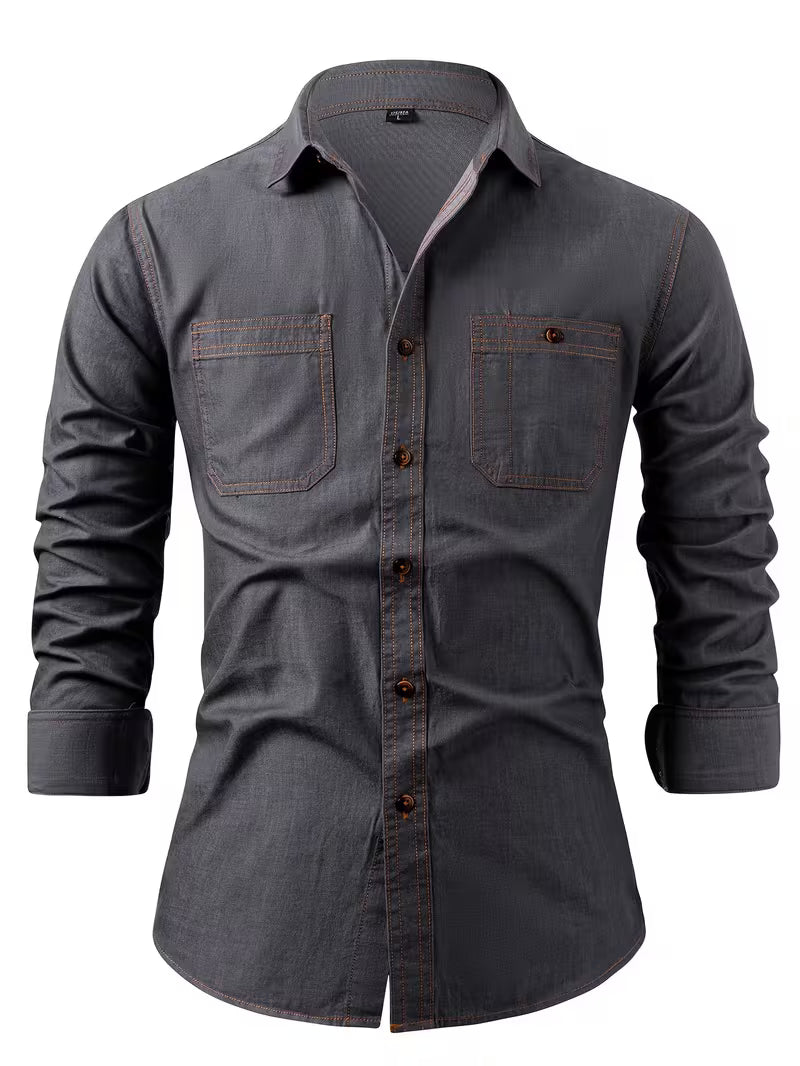 Vance | Mens Button Up Shirt Light Blue Long Sleeve Pocket Detail