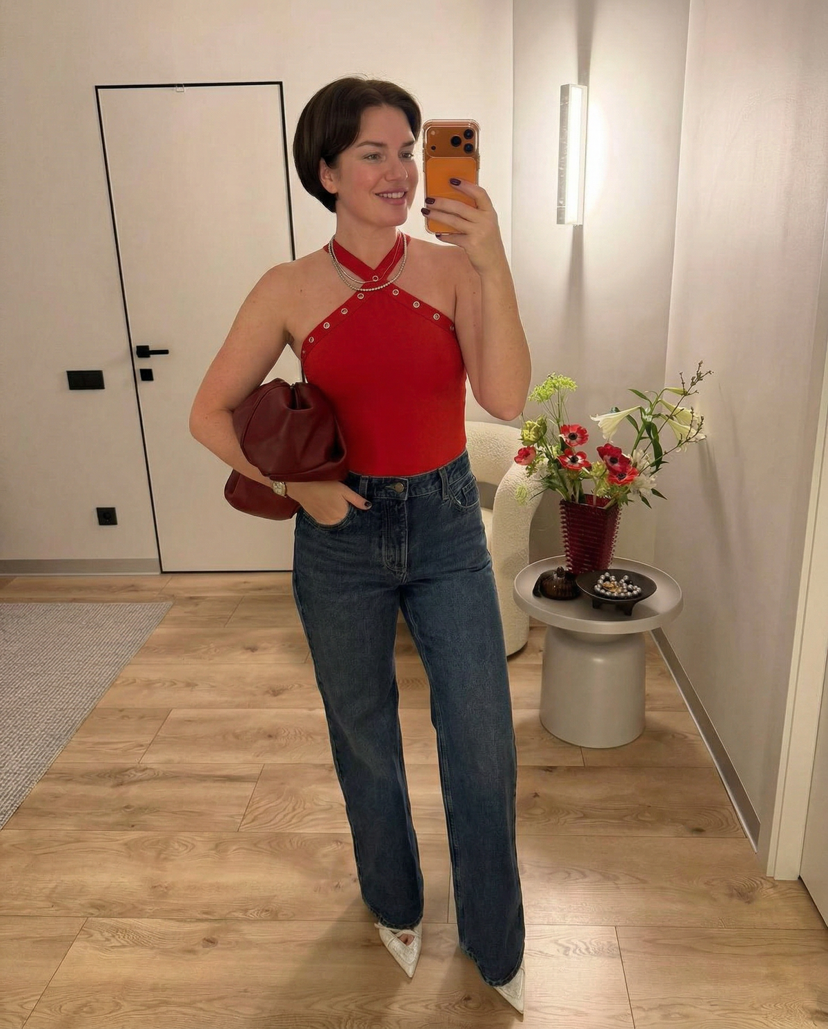Aria | Halter Bodysuit Red Studded Straps