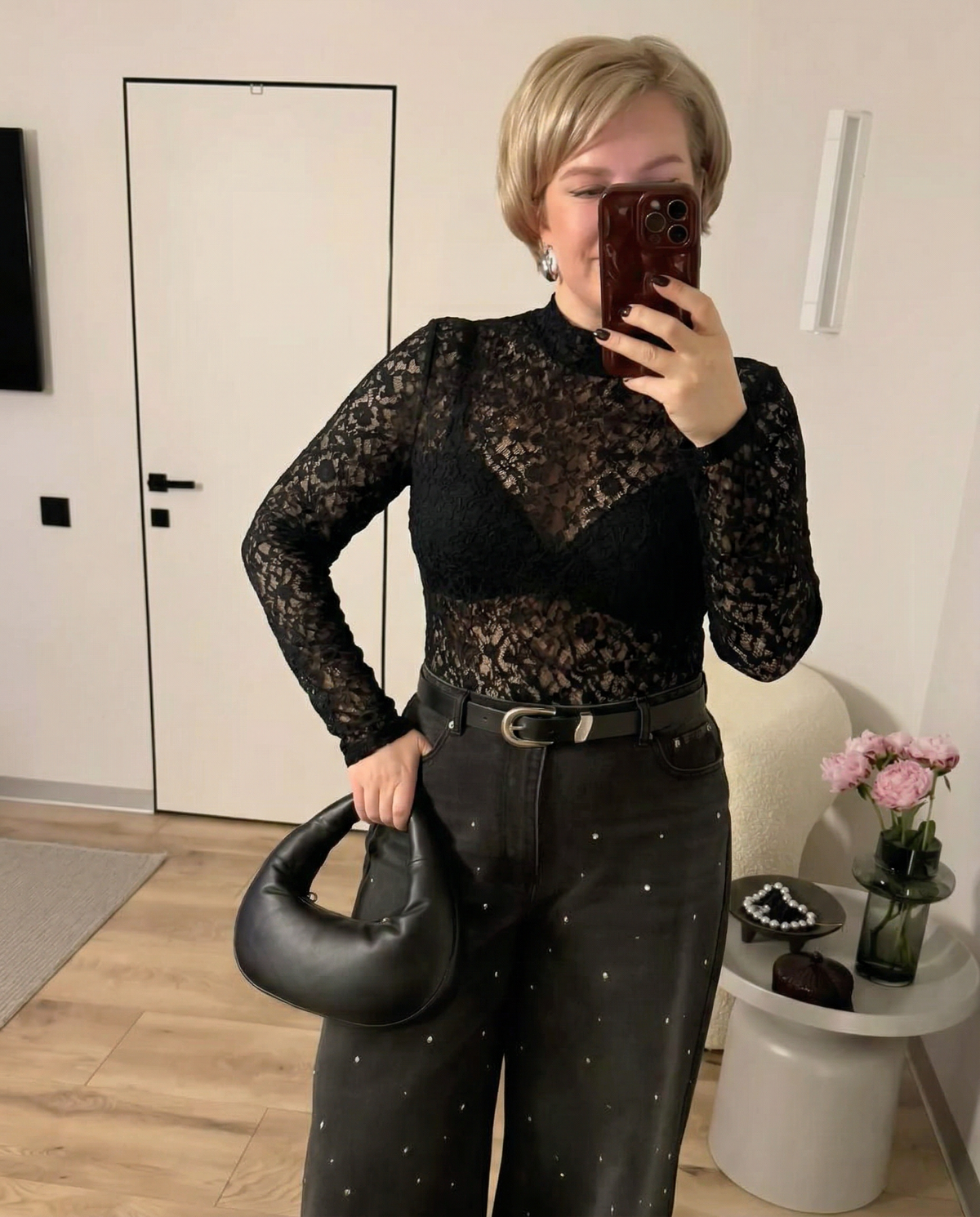 Elodie | Lace Long Sleeve Bodysuit Black Sheer Fitted