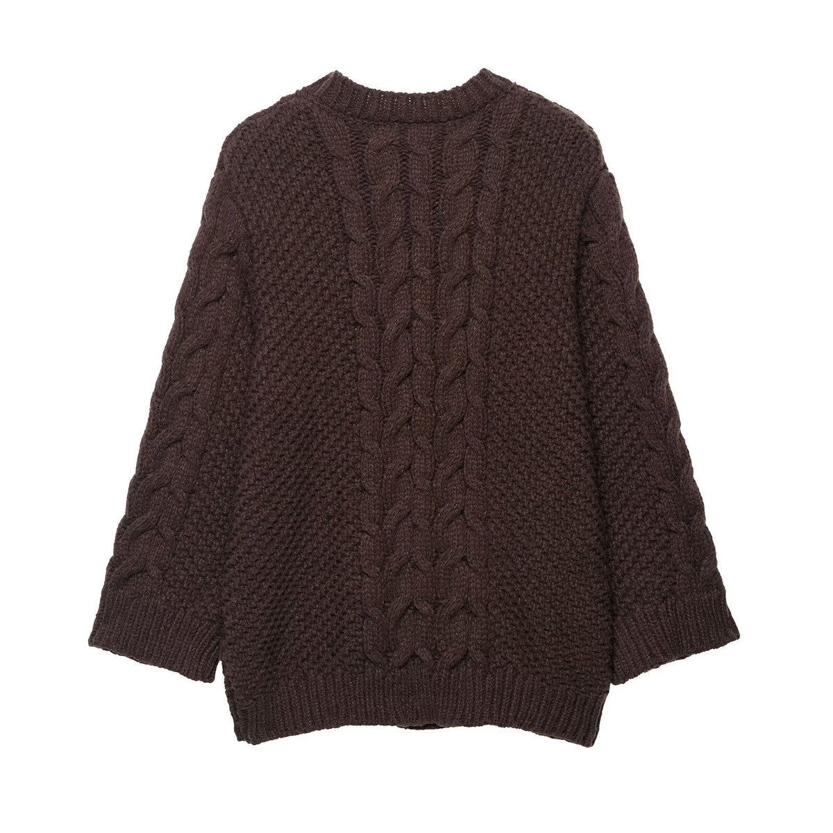 Neve | Oversized Cable Knit Sweater Brown Crew Neck