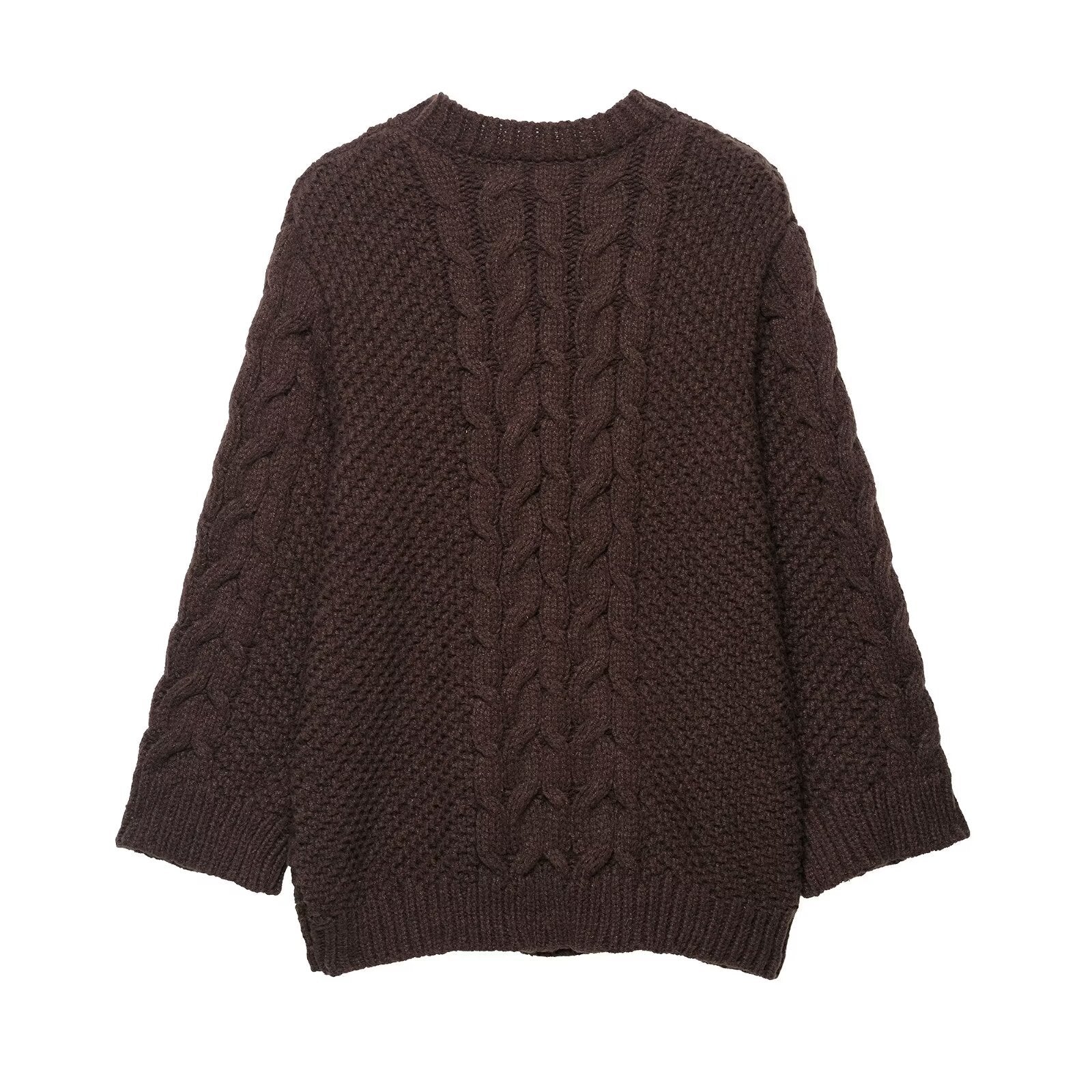 Neve | Oversized Cable Knit Sweater Brown Crew Neck