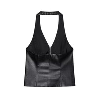 Kira | Halter Top Black Leather Zip Front