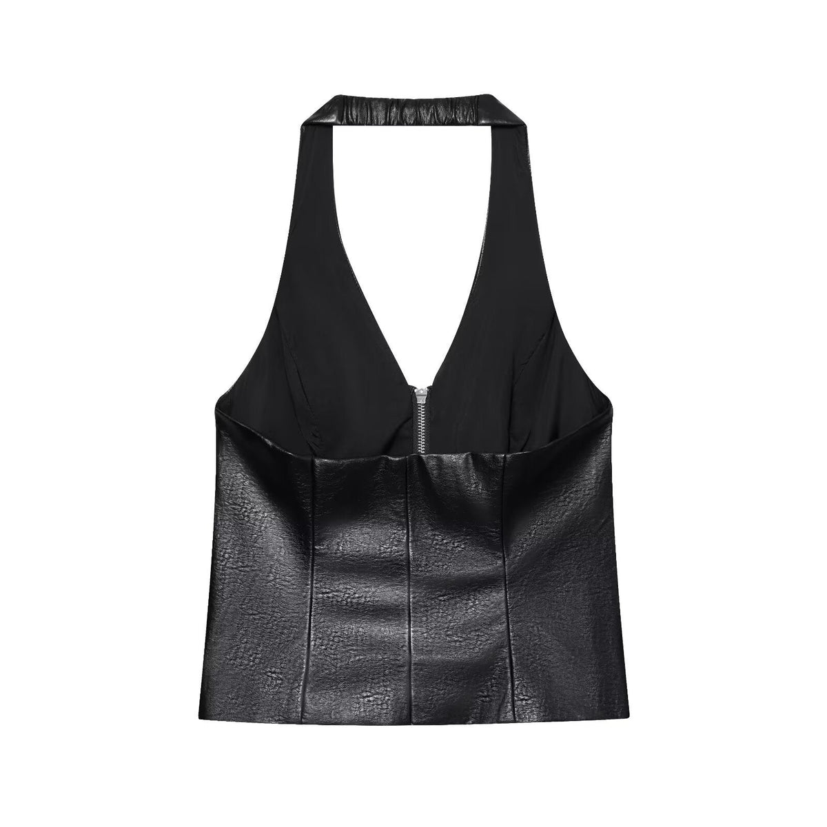 Kira | Halter Top Black Leather Zip Front