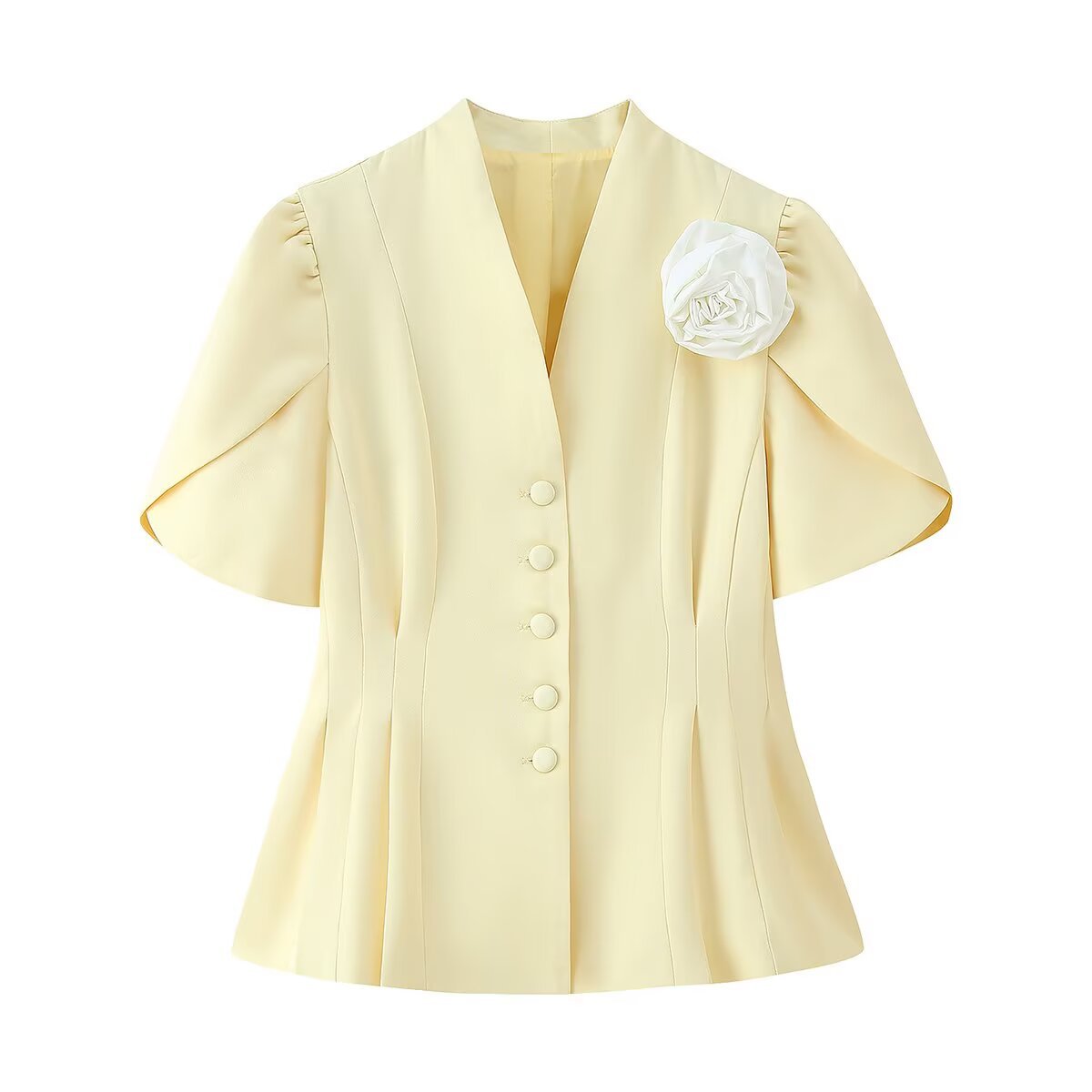 Celine | Coquette Button Up Blazer Pink Short Sleeve Floral Pin