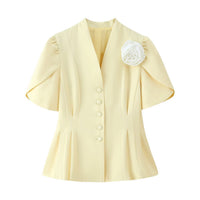 Celine | Coquette Button Up Blazer Pink Short Sleeve Floral Pin