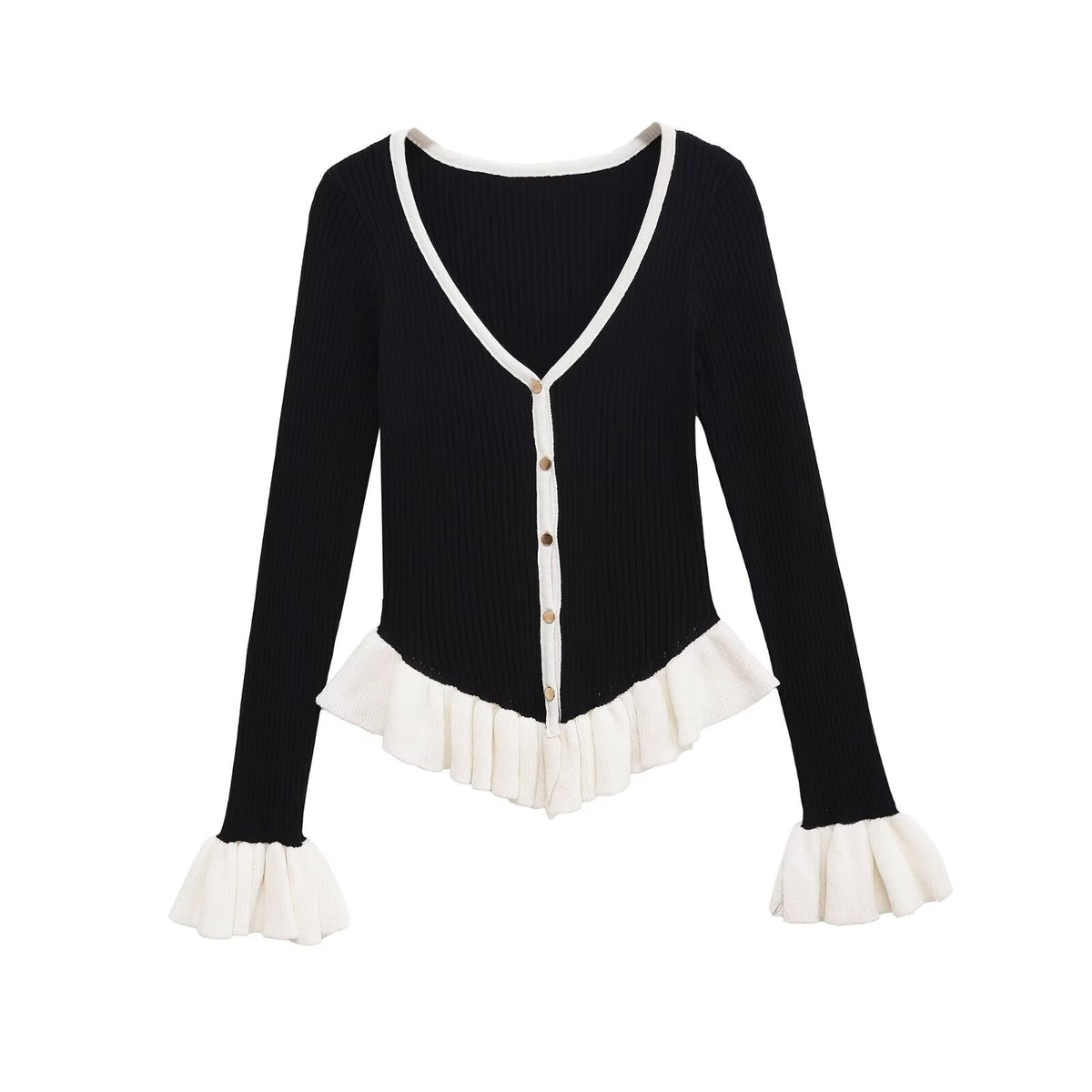 Vera | V Neck Knit Top Black Cream Ruffled Trim