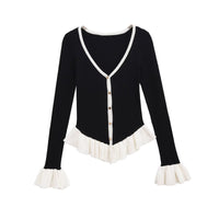 Vera | V Neck Knit Top Black Cream Ruffled Trim
